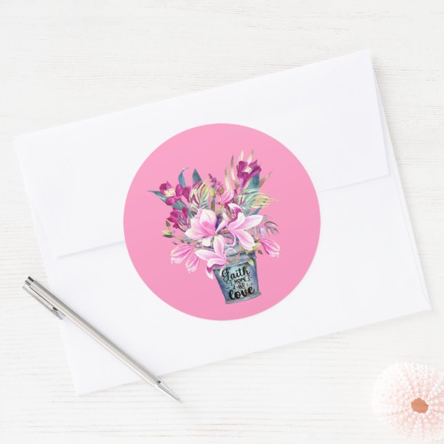 Sticker Rond Foi Inspirationnelle Hope Love Pink Flower Bucket (Enveloppe)