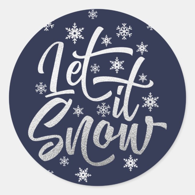 Sticker Rond Folie d'Argent et Fête de Script Let it Snow Marin (Devant)
