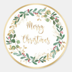 Sticker Rond Foliole d'or vert Rouge Berry Noël
