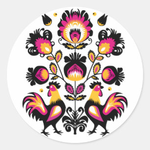 Sticker Rond Folklore aux coqs noirs, roses et jaunes