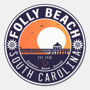 Sticker Rond Folly Beach SC Souvenirs Retro Sunset Pier 60s