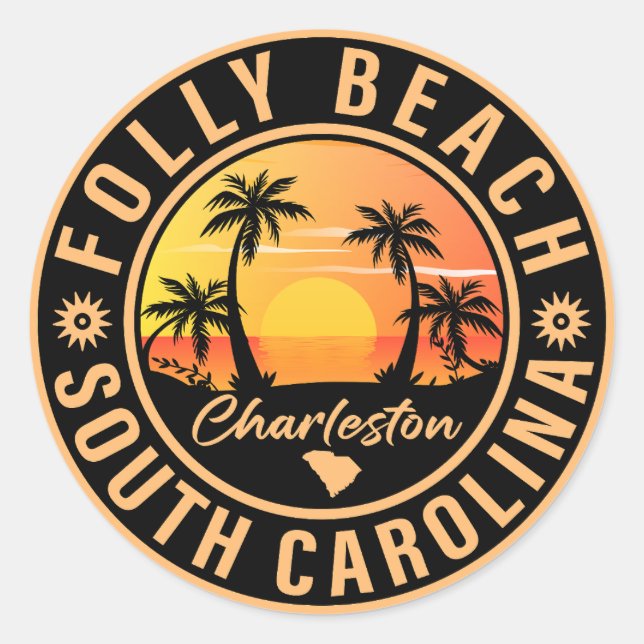 Sticker Rond Folly Beach South Carolina Retro Souvenirs (Devant)