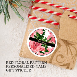 Sticker Rond Fond floral rouge élégant avec nom personnalisé
