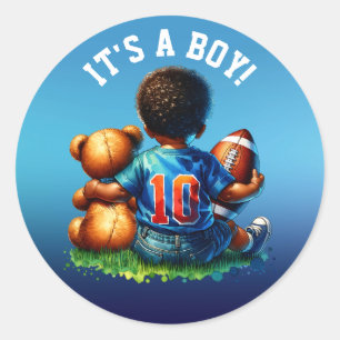 Sticker Rond Football Baby Boy et Teddy Baby shower C'est un ga