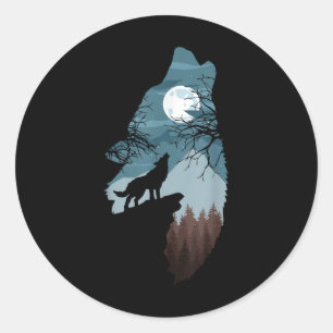Sticker Rond Forêt Avec Pleine Lune Et Falaise De Silhouette Ho
