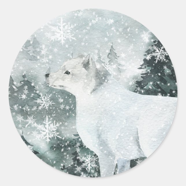 Sticker Rond Forêt de montagne Snowland Forêt de renard arctiqu (Devant)
