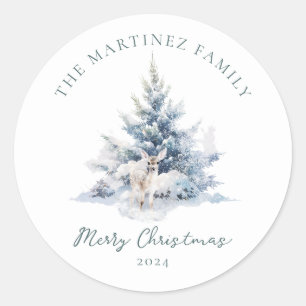 Sticker Rond Forêt de pins des bois Cerf Joyeux Noël