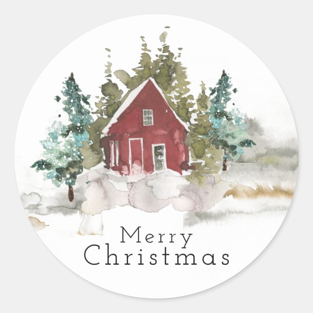 Sticker Rond Forêt de pins enneigés aquarelle Joyeux Noël  (Devant)
