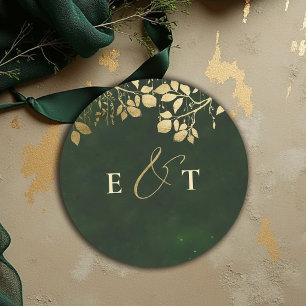 Sticker Rond Forêt Enchantée Or Feuillage Vert Chasseur Mariage