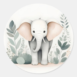 Sticker Rond Forêt minimaliste d'éléphants de Boho Feuilles ver