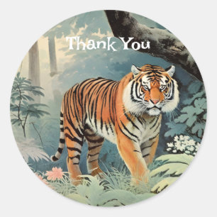 Sticker Rond Forêt tropicale Faune Tigre Vintage