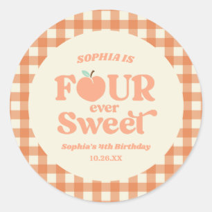 Sticker Rond Four Ever Sweet Peach Fruit 4e fête d'anniversaire