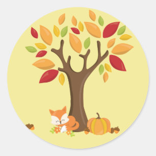 Sticker Rond Fox d'automne sous l'arbre avec le citrouille