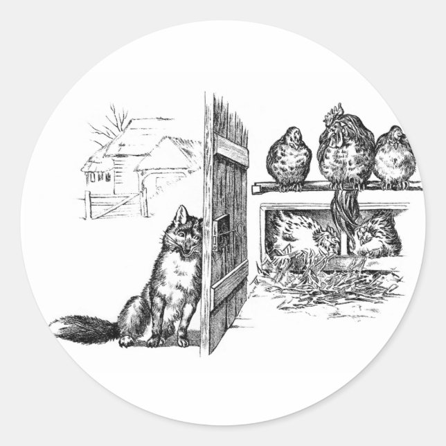 Sticker Rond Fox Eavesdropping sur les poulets (Devant)