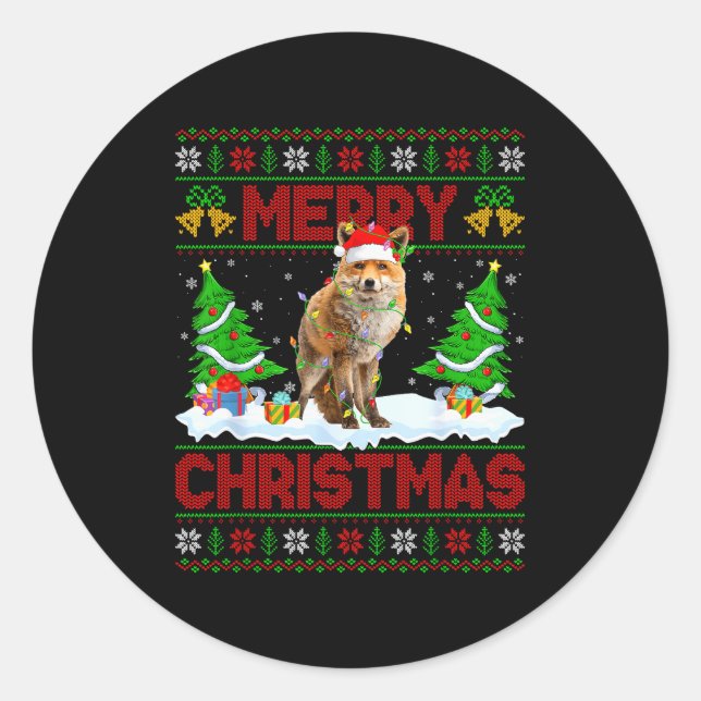 Sticker Rond Fox Ugly Xmas Sweater Funny Fox Animal Merry Chris (Devant)