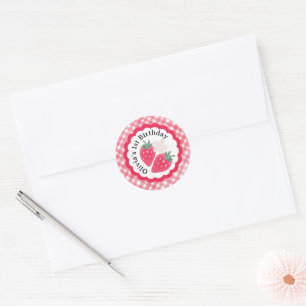 Sticker Rond Fraise 1er anniversaire Aquarelle rouge plaid Favo