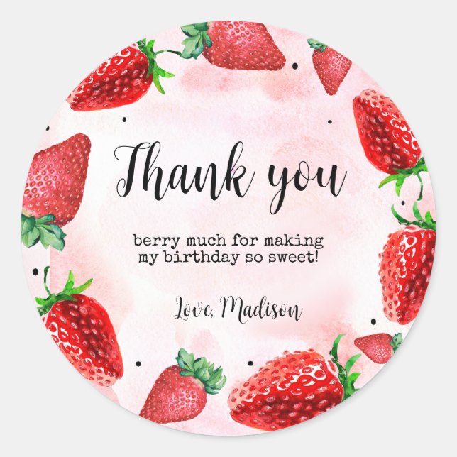 Sticker Rond Fraise 1er anniversaire Merci Favoriser (Devant)