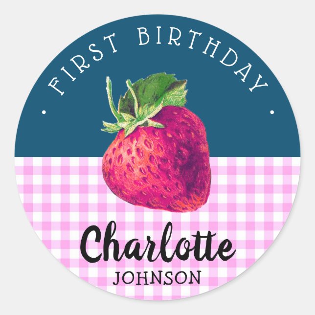 Sticker Rond Fraise Anniversaire fille rose À damiers bleu vert (Devant)