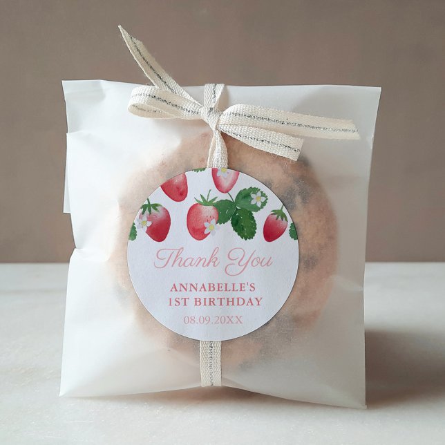 Sticker Rond Fraise Fille Anniversaire Merci Fête Favoriser (Strawberries Child Birthday Party Thank You Favor Sticker)