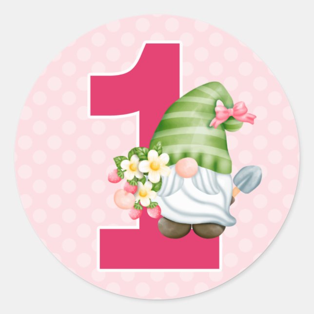 Sticker Rond Fraise Gnome Garden Baby Girl's 1st Birthday C (Devant)