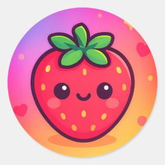 Sticker Rond Fraise Kawaii souriante sur Pastel Gradient Backg