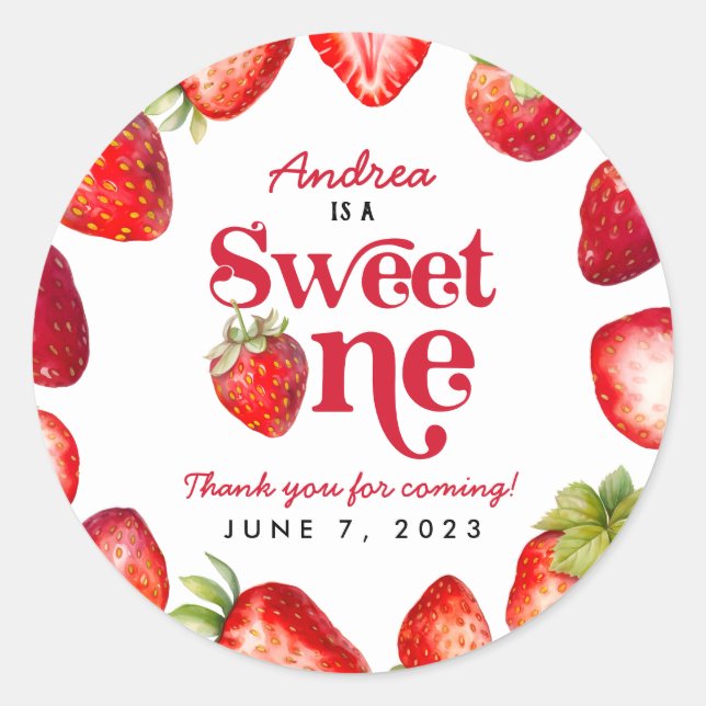 Sticker Rond Fraise moderne Sweet One First Birthday Girls (Devant)
