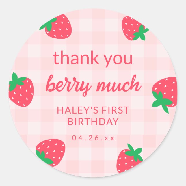 Sticker Rond Fraise rose mignonne Berry Premier 1er bébé Annive (Devant)