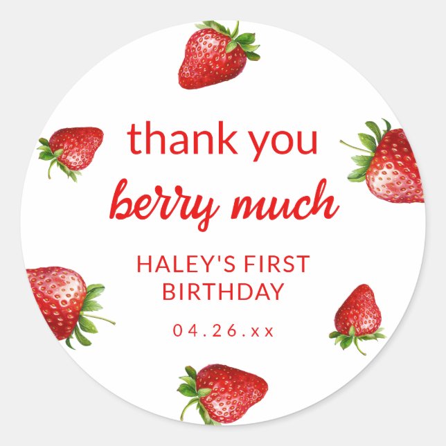 Sticker Rond Fraise rose mignonne Berry Premier 1er bébé Annive (Devant)