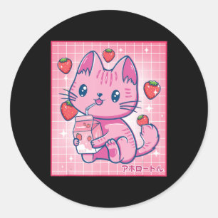 Sticker Rond Fraise Shake fraise Lait Chat Kawaii Neko G