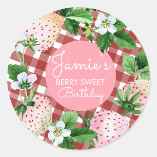 Sticker Rond Fraises à l'aquarelle Premier Anniversaire Plaid B