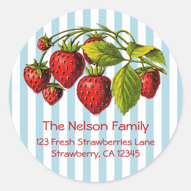 Sticker Rond Fraises fraîches Bleues rayures (Devant)