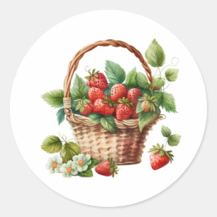 Sticker Rond Fraises fraîches dans un panier en osier