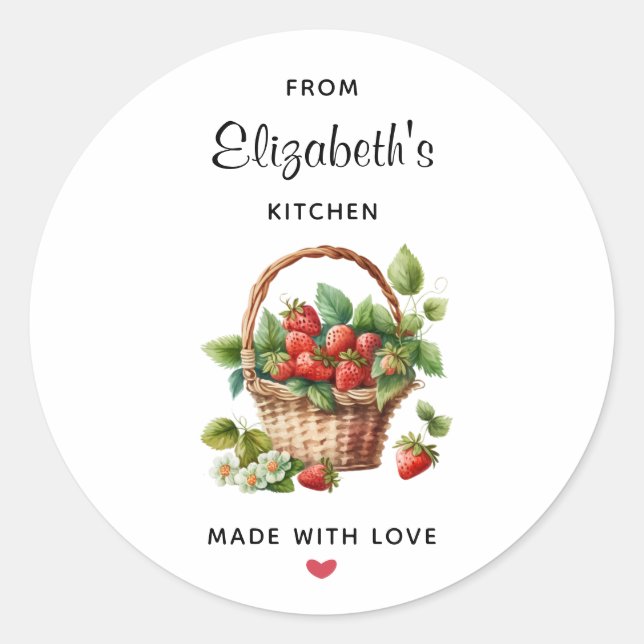 Sticker Rond Fraises fraîches dans une cuisine en osier Panier (Devant)