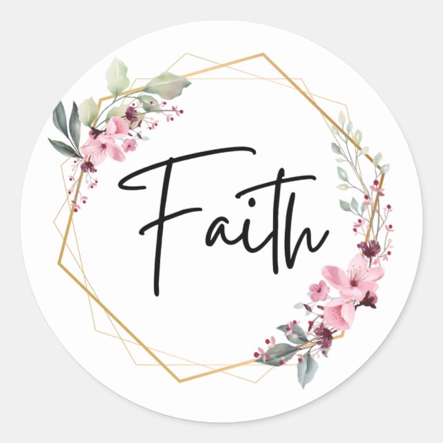 Sticker Rond Frame d'or à fleurs rose et vert Faith | (Devant)