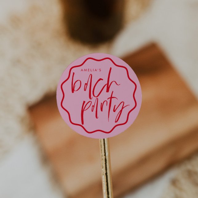 Sticker Rond Frame Wavy Rouge Et Rose Bachelorette Favoriser (Créateur téléchargé)