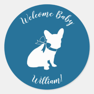 Sticker Rond Français Baby shower Bulldog Français Frenchie Blu