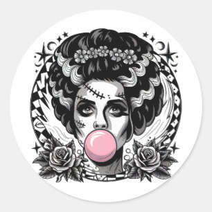 Sticker Rond Frankenstein Monster Et Femme Bubble Gum Funny Ha