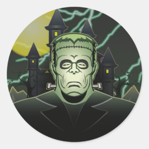 Sticker Rond Frankenstein Monster Halloween Castle Lightning