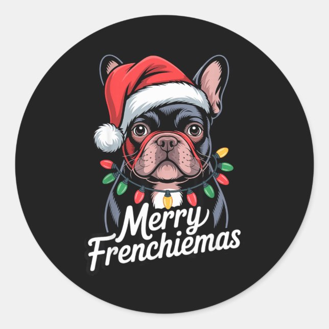 Sticker Rond French Bulldog Merry Frenchiemas Santa Hat Christm (Devant)