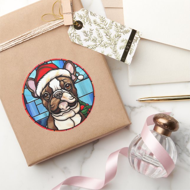 Sticker Rond French Bulldog Vitrail Christmas (Cadeaux)