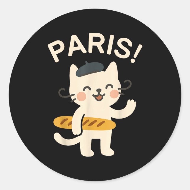 Sticker Rond French Cat With Baguette Cute Cat Paris Funny Anim (Devant)