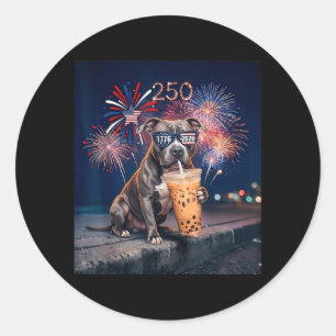 Sticker Rond French Pitbull Buvant du Café Glacé Drapeau Chien