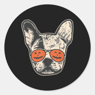 Sticker Rond Frenchie En Lunettes de soleil Citrouille Hallowee