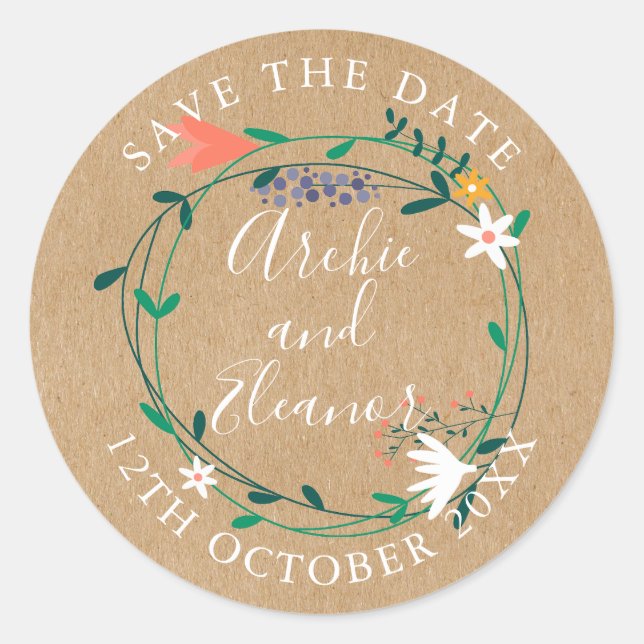 Sticker Rond Fresh Spring Floral Garland Enregistrer la date (Devant)