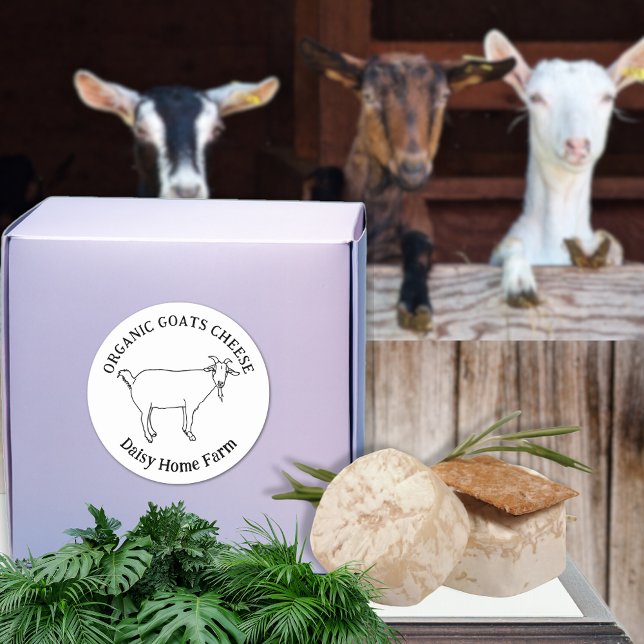 Sticker Rond Fromage de chèvre Nom commercial Simple Noir et bl (Goats cheese custom business name black and white simple farm produce label cute goat line drawing )