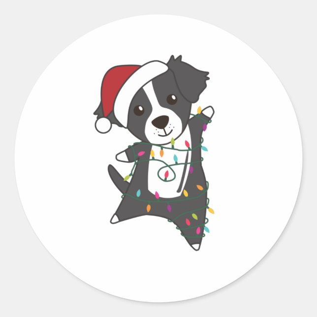 Sticker Rond Frontière Collie Chien de Noël Animaux d'hiver Chi (Devant)