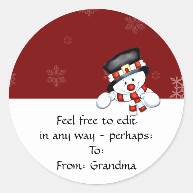 Sticker Rond Frostie sur rouge avec des flocons blancs (Devant)