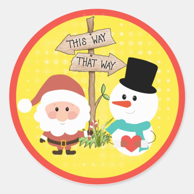 Sticker Rond Frosty ou Père Noël ? Quel chemin pour Noël ? (Devant)