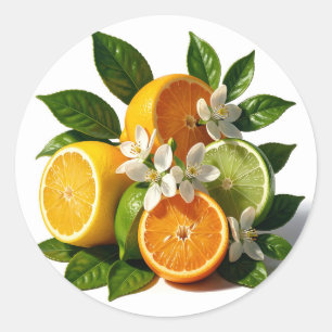 Sticker Rond Fruits de Citrus Vibrants Fleurs Réalistes