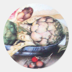 STICKER ROND FRUITS DE SAISON 4- ARTICHOKES, ROSE & FRAISES